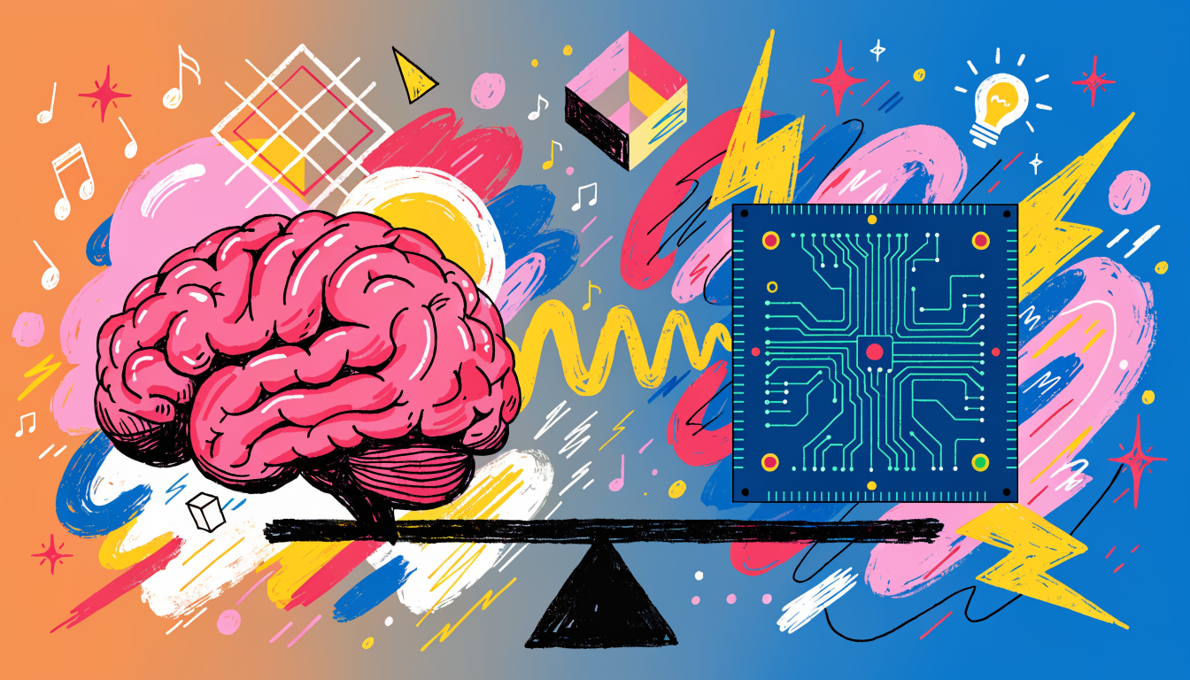Ilustrație conceptuală cu un creier uman și un cip de calculator pe un cântar, în echilibru
