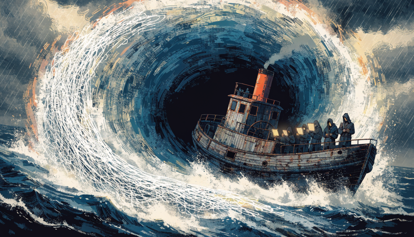 Ilustrație întunecată cu o siluetă în robă neagră pe fundalul Văii Siliciului