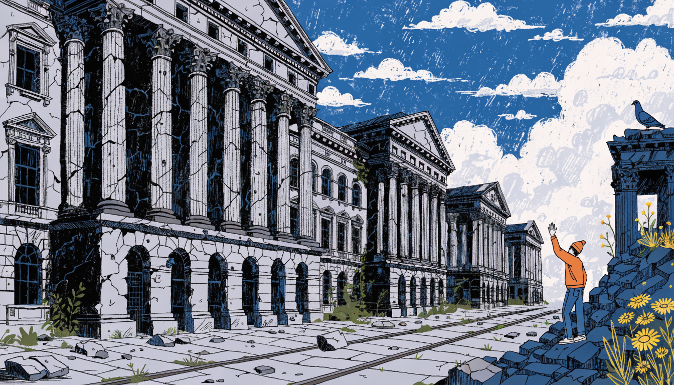 Ilustrație conceptuală cu clădiri democratice occidentale în diverse stadii de degradare și putrefacție