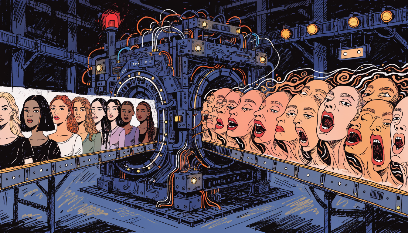 Ilustrație conceptuală a unui robot care generează imagini pe o linie de producție industrială