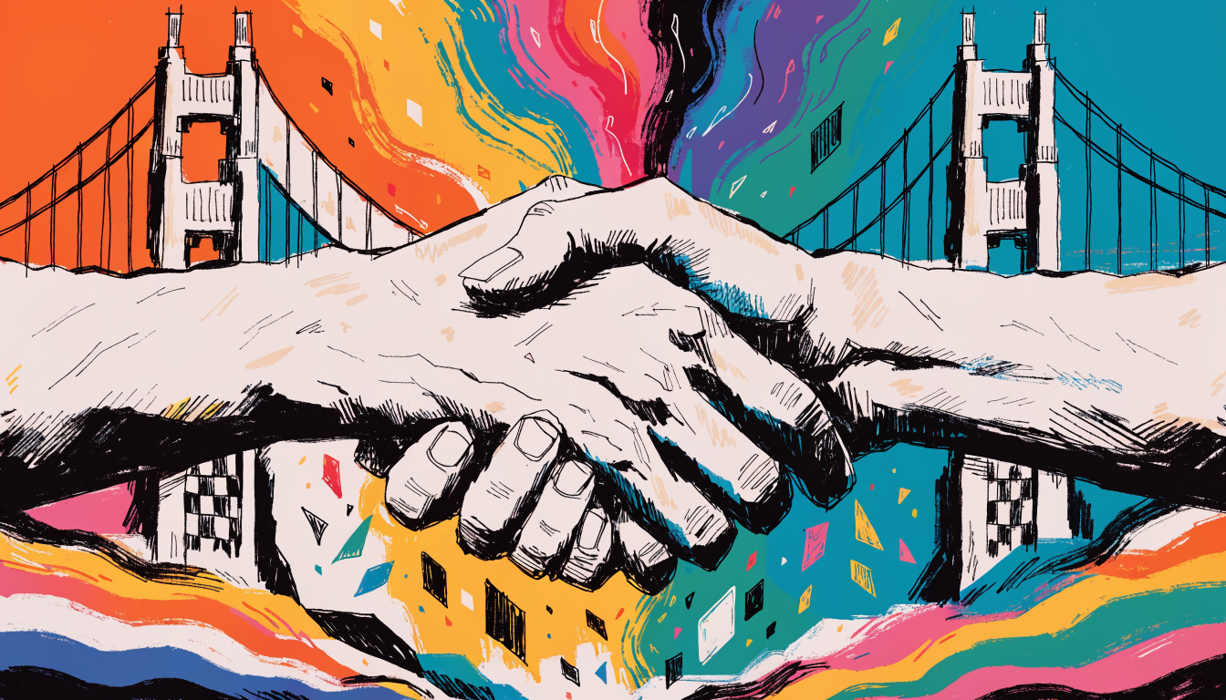 Ilustrație stilizată cu bărbați musculoși pozând în fața Salesforce Tower din San Francisco