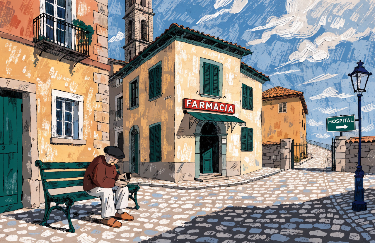 Ilustrație editorială cu o comparație vizuală între un sat italian și unul românesc, amândouă cu dispensare închise