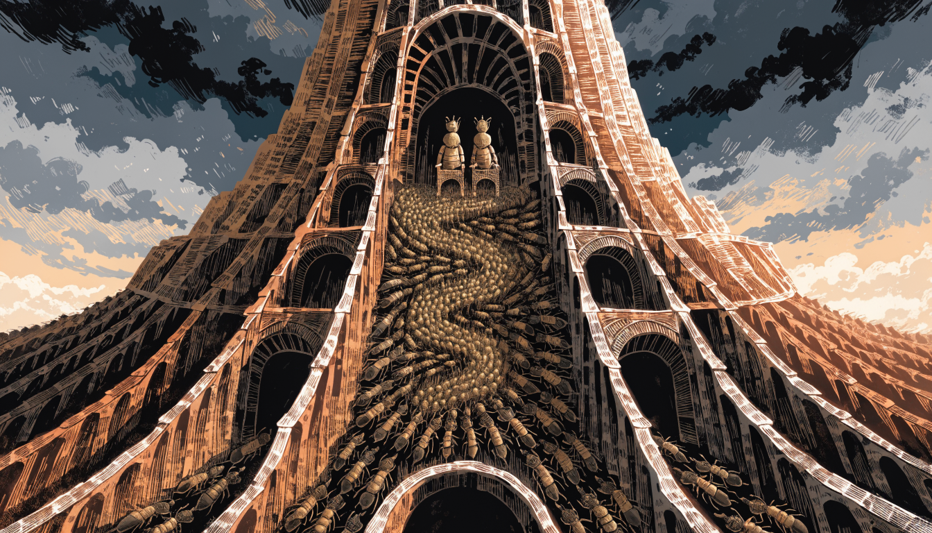 Mușuroi gigantic de termite fotografiat la apus, cu milioane de insecte vizibile în secțiune transversală